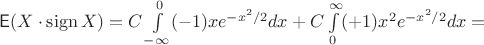 $\mathsf E(X\cdot \operatorname{sign} X)=C\int\limits_{-\infty}^{0}(-1)xe^{-x^2/2}dx+C\int\limits_{0}^{\infty}(+1)x^2e^{-x^2/2}dx=$ $\mathsf E(X\cdot \operatorname{sign} X)=C\int\limits_{-\infty}^{0}(-1)xe^{-x^2/2}dx+C\int\limits_{0}^{\infty}(+1)x^2e^{-x^2/2}dx=$