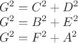 $\begin{array}{l}
G^2=C^2+D^2 \\
G^2=B^2+E^2 \\
G^2=F^2+A^2
 \end{array}$