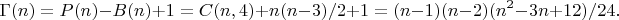 $$ \Gamma(n) = P(n) - B(n) + 1 = C(n,4) + n(n-3)/2 + 1 = (n - 1)(n - 2)(n^2 - 3n + 12)/24. $$