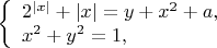 $\left\{ \begin{array}{l}
2^{|x|} + |x| = y + x^2 + a,\\
x^2 + y^2 = 1,
\end{array} \right.$