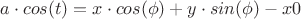 $a \cdot cos(t)= x \cdot cos(\phi)+ y \cdot sin(\phi)-x0$