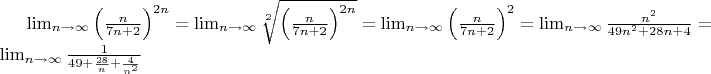 $\lim_{n\to\infty} \left(\frac{n}{7n+2}\right)^{2n}=\lim_{n\to\infty} \sqrt[2]{\left(\frac{n}{7n+2}\right)^{2n}}=\lim_{n\to\infty} \left(\frac{n}{7n+2}\right)^{2}=\lim_{n\to\infty} \frac{n^2}{49n^2+28n+4}=\lim_{n\to\infty} \frac{1}{49+\frac{28}{n}+\frac{4}{n^2}}$