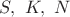 $S,\ K,\  N$