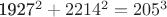1927^2 + 2214^2 = 205^3