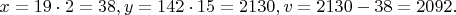 $x=19\cdot2=38,y=142\cdot15=2130,v=2130-38=2092.$