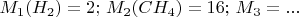 $M_1 (H_2)=2;\, M_2 (CH_4)=16;\, M_3=...$