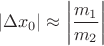 $$|\Delta x_0|\approx\left\lvert\frac{m_1}{m_2}\right\rvert$$