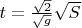 $t=\frac{\sqrt{2}}{\sqrt{g}}\sqrt{S}$