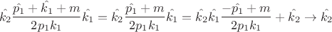 $$
\hat{k_2}\frac{\hat{p_1}+\hat{k_1}+m}{2p_1k_1}\hat{k_1}=\hat{k_2}\frac{\hat{p_1}+m}{2p_1k_1}\hat{k_1}=\hat{k_2}\hat{k_1}\frac{-\hat{p_1}+m}{2p_1k_1}+\hat{k_2}\rightarrow \hat{k_2}
$$