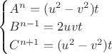 $\begin{cases} A^n=(u^2-v^2)t\\B^{n-1}=2uvt\\C^{n+1}=(u^2-v^2)t \end{cases}$