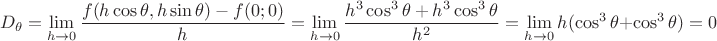 $$D_{\theta}=\displaystyle\lim_{h\to 0}\dfrac{f(h\cos\theta,h\sin\theta)-f(0;0)}{h}=\displaystyle\lim_{h\to 0}\dfrac{h^3\cos^3\theta+h^3\cos^3\theta}{h^2}=\displaystyle\lim_{h\to 0}h(\cos^3\theta+\cos^3\theta)=0$$