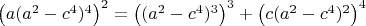 $\left(a(a^2-c^4)^4\right)^2=\left((a^2-c^4)^3\right)^3+\left(c(a^2-c^4)^2\right)^4$
