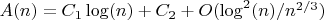 $A(n)=C_1\log(n)+C_2+O(\log^2(n)/n^{2/3})$