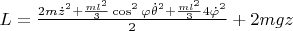 $L=\frac{2m\dot{z}^2+\frac{ml^2}{3}\cos^2 \varphi \dot{\theta}^2+\frac{ml^2}{3} 4\dot{\varphi}^2}{2}+2mgz$