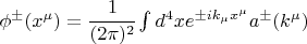 $\phi^\pm (x^\mu) = \cfrac{1}{(2\pi)^2} \int d^4 x e^{\pm i k_\mu x^\mu} a^\pm(k^\mu)$