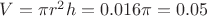 $V= \pi r^{2}h = 0.016\pi =0.05$