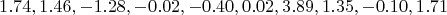 $$1.74, 1.46, -1.28, -0.02, -0.40, 0.02, 3.89, 1.35, -0.10, 1.71$$
