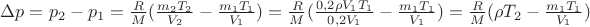 $\Delta p=p_2-p_1=\frac RM(\frac{m_2T_2}{ V_2} -\frac{m_1T_1}{ V_1})=\frac RM(\frac{0,2\rho V_1T_1}{0,2V_1}-\frac {m_1T_1}{V_1})=\frac RM(\rho T_2-\frac{m_1T_1}{V_1})$