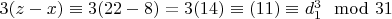 $3(z - x)\equiv 3(22 - 8) = 3(14)\equiv (11)\equiv d_1 ^ 3\mod 31 $