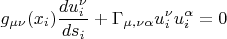 $$ g_{\mu \nu}  (x_{i}) \frac {du^{\nu}_{i}} {ds_{i}} + \Gamma _{\mu, \nu \alpha} u^{\nu}_{i} u^{\alpha}_{i} = 0 $$