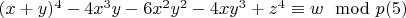 $(x + y)^4-4x^3y-6x^2y^2-4xy^3 +z^4\equiv w\mod p\engo(5)$