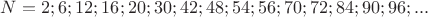 $N=2;6;12;16;20;30;42;48;54;56;70;72;84;90;96;...$