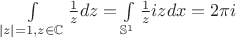$\int\limits_{|z| = 1, z \in \mathbb{C}} \frac{1}{z} dz = \int\limits_{\mathbb{S}^1} \frac{1}{z} iz dx = 2\pi i$