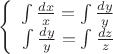 $$\left\{
\begin{array}{rcl}
 \int\limits\frac{dx}{x}= \int\limits\frac{dy}{y} \\
 \int\limits\frac{dy}{y}= \int\limits\frac{dz}{z} \\
\end{array}
\right.$$