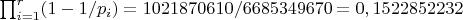 $\prod_{i=1}^{r} (1-1/p_i)=1021870610/6685349670=0,1522852232$