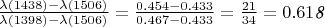 $\frac{\lambda(1438) - \lambda(1506)}{\lambda(1398) - \lambda(1506)} = \frac{0.454 - 0.433}{0.467 - 0.433} = \frac{21}{34} = 0.61\textit{8}$