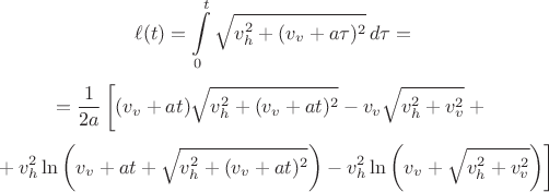 $$\ell(t)=\int\limits_{0}^{t}\sqrt{v_h^2+(v_v+a\tau)^2}\,d\tau=$$
$$=\dfrac{1}{2a}\left[(v_v+at)\sqrt{v_h^2+(v_v+at)^2}-v_v\sqrt{v_h^2+v_v^2}+{}\right.$$
$$\left.{}+v_h^2\ln\left(v_v+at+\sqrt{v_h^2+(v_v+at)^2}\right)-v_h^2\ln\left(v_v+\sqrt{v_h^2+v_v^2}\right)\right]$$
