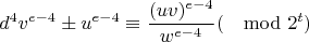 $$d^4v^{e-4}\pm u^{e-4}\equiv \frac{(uv)^{e-4}}{w^{e-4}}(\mod 2^t)$$