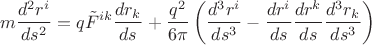 $$
m\frac{d^2r^i}{ds^2} = q\tilde F^{ik}\frac{dr_k}{ds} + \frac{q^2}{6\pi}\left(\frac{d^3r^i}{ds^3} - \frac{dr^i}{ds}\frac{dr^k}{ds}\frac{d^3r_k}{ds^3}\right)
$$