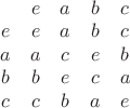 $\setcounter{MaxMatrixCols}{20}\begin{matrix}&e&a&b&c&\\e&e&a&b&c&\\a&a&c&e&b&\\b&b&e&c&a&\\c&c&b&a&e&\end{matrix}$