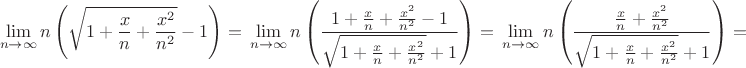 $$\lim\limits_{n\to\infty}n\left(\sqrt{1+\frac xn+ \frac{x^2}{n^2}}-1\right) = \\
\lim\limits_{n\to\infty}n\left(\frac{1+\frac xn+\frac{x^2}{n^2}-1}{\sqrt{1+\frac xn+\frac{x^2}{n^2}}+1}\right) = \\
\lim\limits_{n\to\infty}n\left(\frac{\frac xn+\frac{x^2}{n^2}}{\sqrt{1+\frac xn+\frac{x^2}{n^2}}+1}\right) =$$