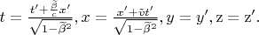 $ 
t=\frac{t'+\frac{\widetilde{\beta }}{c}x'}{\sqrt{1-{\widetilde{\beta }}^2}},        x=\frac{x'+\tilde{v}t'}{\sqrt{1-{\widetilde{\beta }}^2}},         y=y',         \mathrm{z=z}'.                                                                                    
$