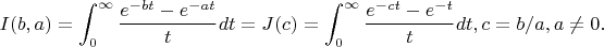 $$I(b,a)=\int_0^{\infty }\frac{e^{-bt}-e^{-at}}{t}dt=J(c)=\int_0^{\infty } \frac{e^{-ct}-e^{-t}}{t}dt,c=b/a,a\not =0.$$