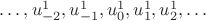 $\dots,u_{-2}^{1},u_{-1}^{1},u_{0}^{1},u_{1}^{1},u_{2}^{1},\dots$