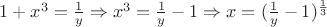 $1+x^3 = \frac{1}{y} \Rightarrow x^3 = \frac{1}{y} - 1 \Rightarrow x = (\frac{1}{y}-1)^{\frac{1}{3}}$
