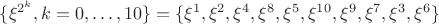 $\{\xi^{2^k}, k=0, \dots ,10\}=\{\xi^1,\xi^2,\xi^4,\xi^8,\xi^5,\xi^{10},\xi^9,\xi^7,\xi^3,\xi^6\}$