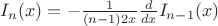 $I_n(x)=-\frac{1}{(n-1)2x}\frac{d}{dx}I_{n-1}(x)$