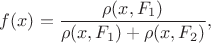 $$
f(x)=\frac{\rho(x,F_1)}{\rho(x,F_1)+\rho(x,F_2)},
$$