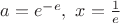 $a=e^{-e},\ x=\frac1e$