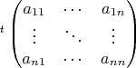 $\vphantom{\begin{pmatrix} a_{11} & \cdots & a_{1n}\\ \vdots & \ddots & \vdots\\ a_{n1} & \cdots & a_{nn} \end{pmatrix}}^t  \begin{pmatrix} a_{11} & \cdots & a_{1n}\\ \vdots & \ddots & \vdots\\ a_{n1} & \cdots & a_{nn} \end{pmatrix}$