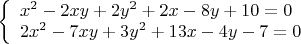$ 
\left\{ \begin{array}{l} 
x^2 - 2xy + 2y^2 + 2x - 8y +10 = 0\\ 
2x^2 - 7xy + 3y^2 + 13x - 4y - 7 =0
\end{array} \right. 
$