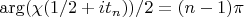$\arg(\chi(1/2+it_n))/2=(n-1)\pi$