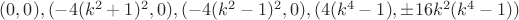 $(0,0),(-4(k^2+1)^2,0),(-4(k^2-1)^2,0),(4(k^4-1),\pm{16k^2(k^4-1)})$