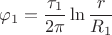 $$\varphi_1 = \frac{\tau_1}{2\pi}\ln\frac {r}{R_1}$$ $$\varphi_1 = \frac{\tau_1}{2\pi}\ln\frac {r}{R_1}$$