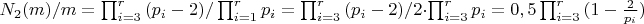 $N_2(m)/m=\prod_{i=3}^{r}{(p_i-2)}/\prod_{i=1}^{r}{p_i}=\prod_{i=3}^{r}{(p_i-2)}/2 \cdot \prod_{i=3}^{r}{p_i}=0,5\prod_{i=3}^{r}{(1-\frac {2} {p_i})}$