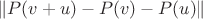 $$
\|P(v+u)-P(v)-P(u)\|
$$